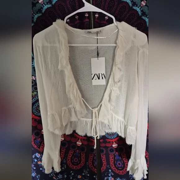 Zara White Ruffle Tie-Front FlounceTop SZ.L NWT - Picture 4 of 9